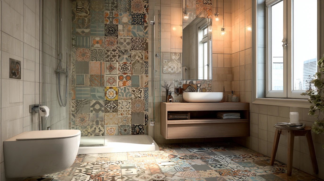 Moderno kupatilo sa plocicama sarenih boja.