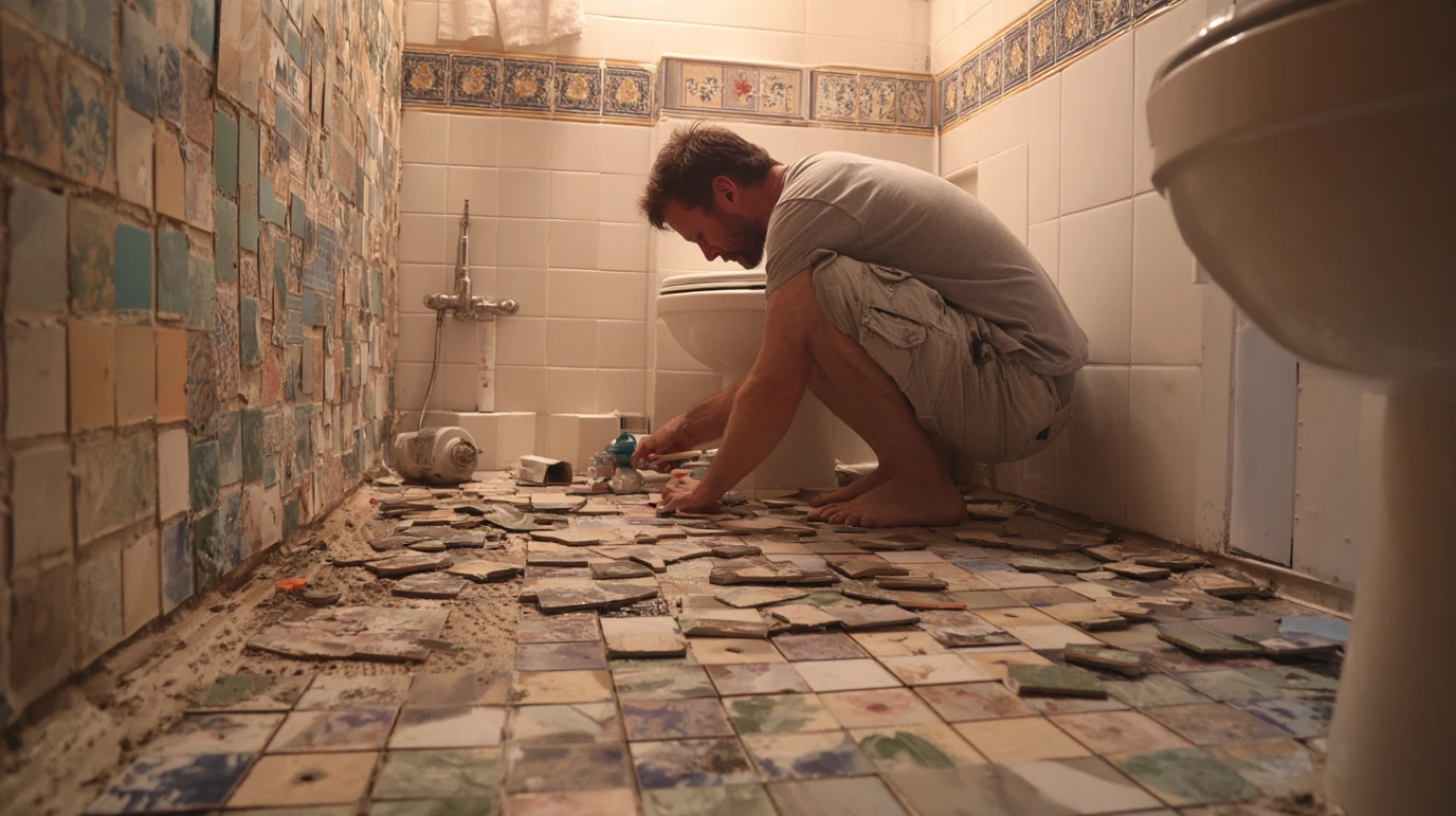 Covek koji u svom kupatilu priprema plocice za menjanje.