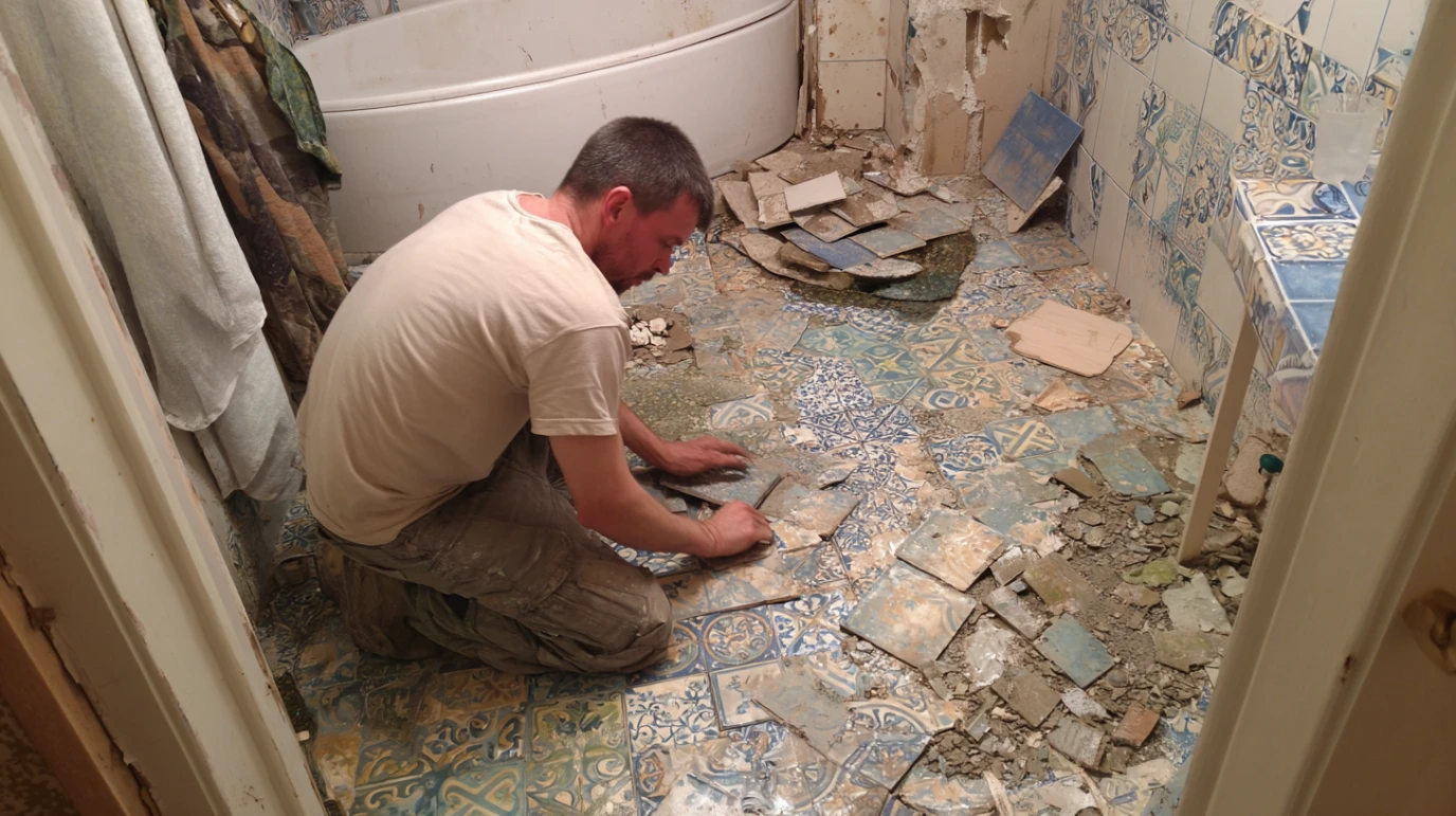 Covek koji u svom kupatlu renovira plocice.