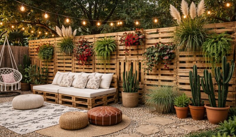 Drvena ograda napravljena od paleta u dvorištu sa biljkama, rasvetom i prostorom za sedenje