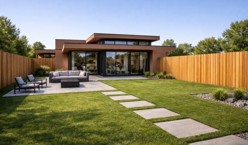 Drvena ograda od vertikalnih letvica ispred moderne kuće sa terakota fasadom i uređenim dvorištem