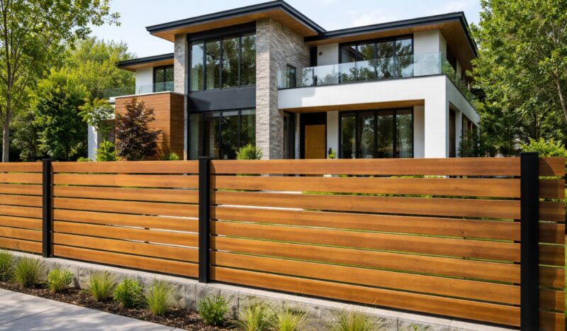 Moderna drvena ograda sa horizontalnim letvicama ispred velike moderne kuće sa ravnim krovom i velikim staklenim površinama