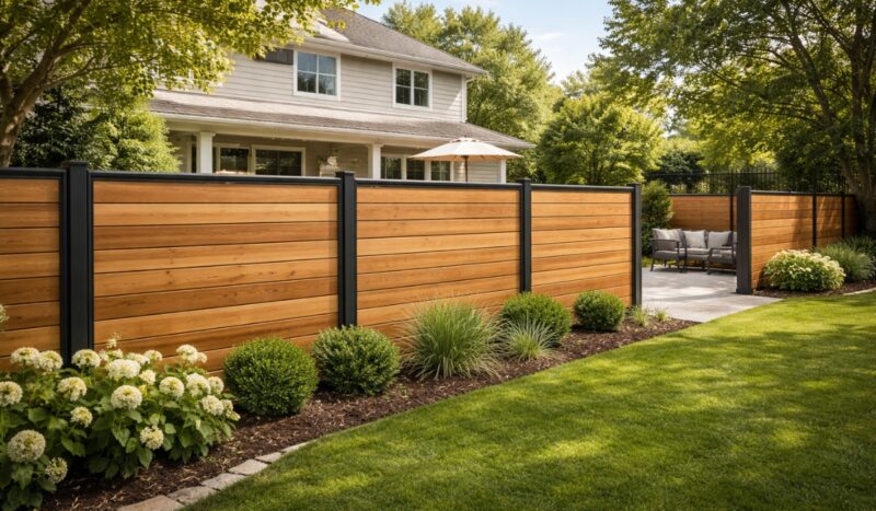 Metalna ograda sa drvenom ispunom postavljena u dvorištu klasične porodične kuće