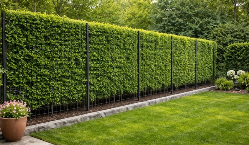 Živa ograda formirana od gustog zelenog rastinja postavljena na metalnoj žičanoj konstrukciji u uređenom dvorištu