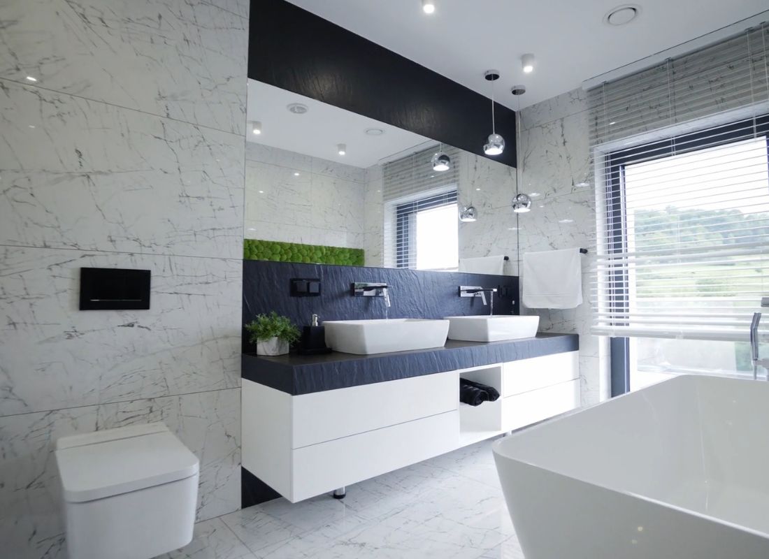 prikaz elegantno sređenog kupatila sa crno belim detaljima