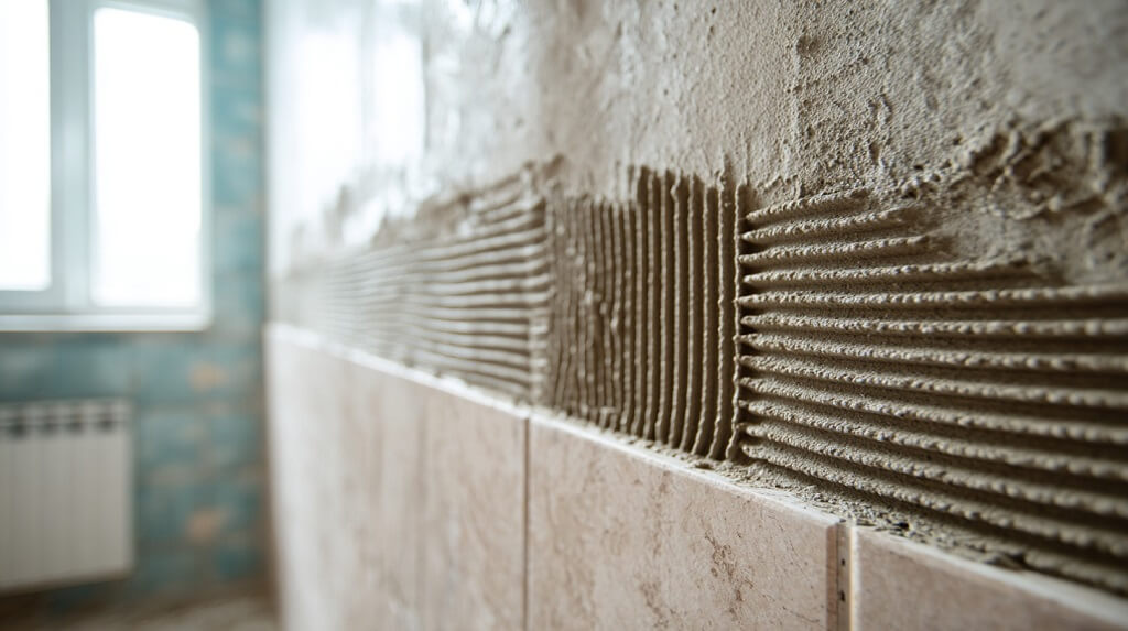 Nanošenje lepka za pločice na zid u kupatilu tokom renoviranja