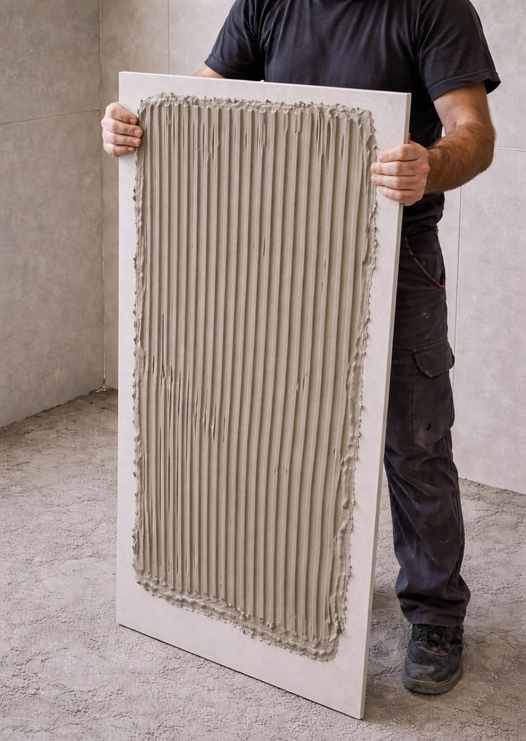 Velika keramička pločica sa nanetim lepkom spremna za postavljanje