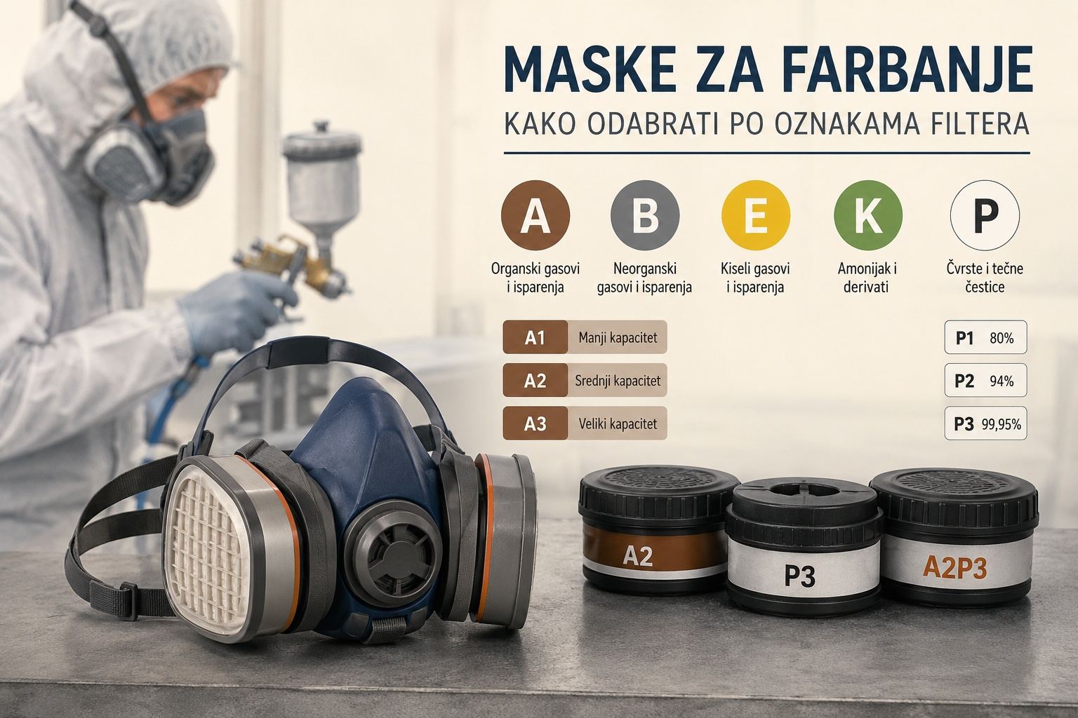 Zaštitna maska sa prikazom oznaka A, B, E, K i P filtera.